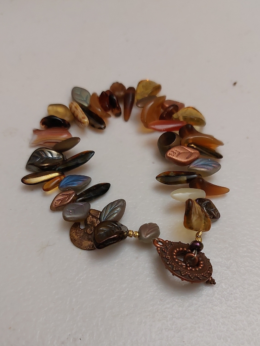 Earthtone Colors Leaf Pressed Glass Beads Toggle Bracelet Copper Tone Clasp - Picture 3 of 5